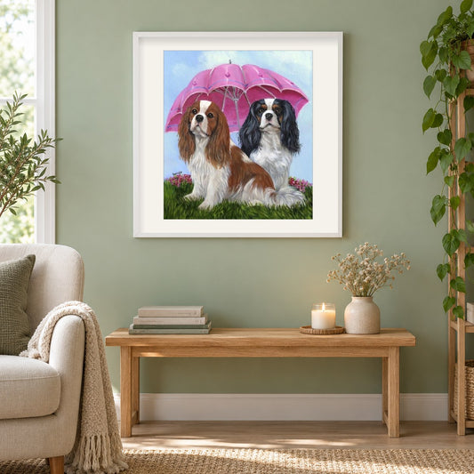 Spaniels Unter Regenschirm als gerahmtes Diamond Painting im Wohnzimmer