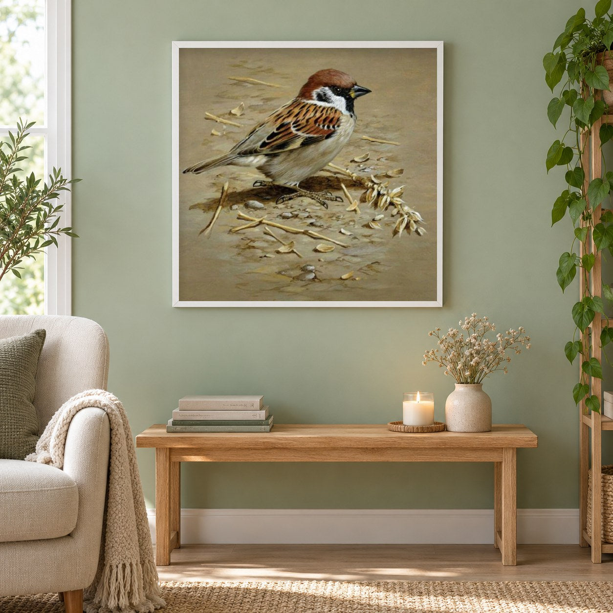 Spatz als gerahmtes Diamond Painting im Wohnzimmer