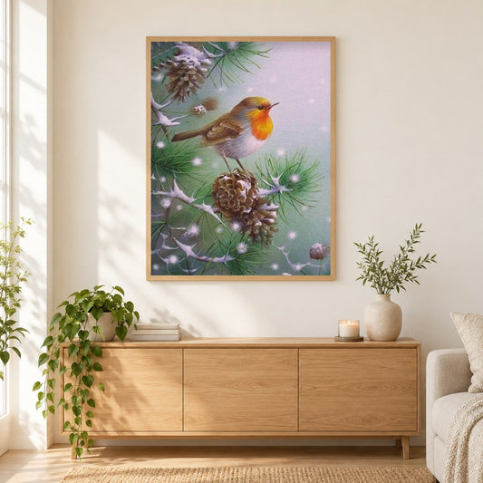 Spatz sitzt auf Tannenzapfen als gerahmtes Diamond Painting im Wohnzimmer
