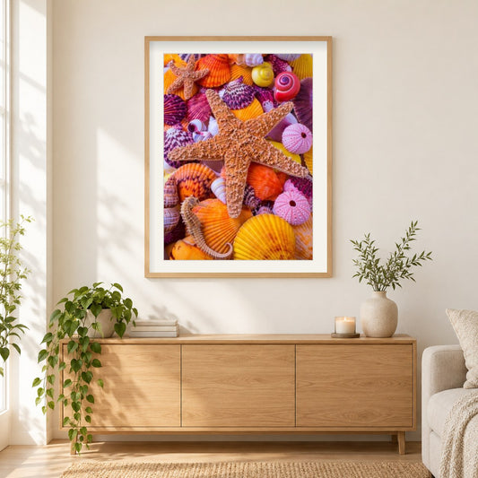 Star Fisch unter den Muscheln. als gerahmtes Diamond Painting im Wohnzimmer