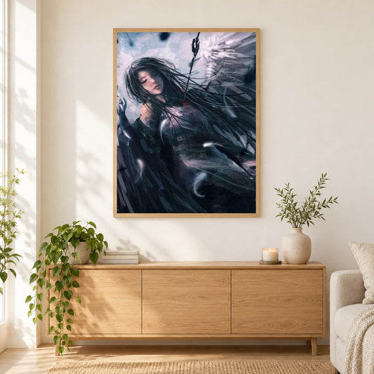 Sterbender Anime-Engel als gerahmtes Diamond Painting im Wohnzimmer