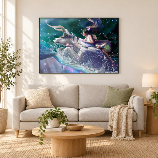 Stier Tierkreis als gerahmtes Diamond Painting im Wohnzimmer