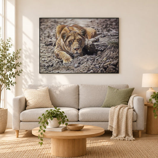 Typl Leben -  Kunst des Eric Wilson als gerahmtes Diamond Painting im Wohnzimmer