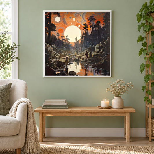 Sonnenaufgang über dem See – Diamantkunst als gerahmtes Diamond Painting im Wohnzimmer
