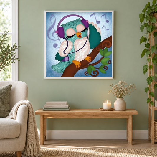 Süße Eule, die Musik hört als gerahmtes Diamond Painting im Wohnzimmer