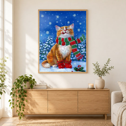 Süße Katze in der Weihnachtszeit als gerahmtes Diamond Painting im Wohnzimmer