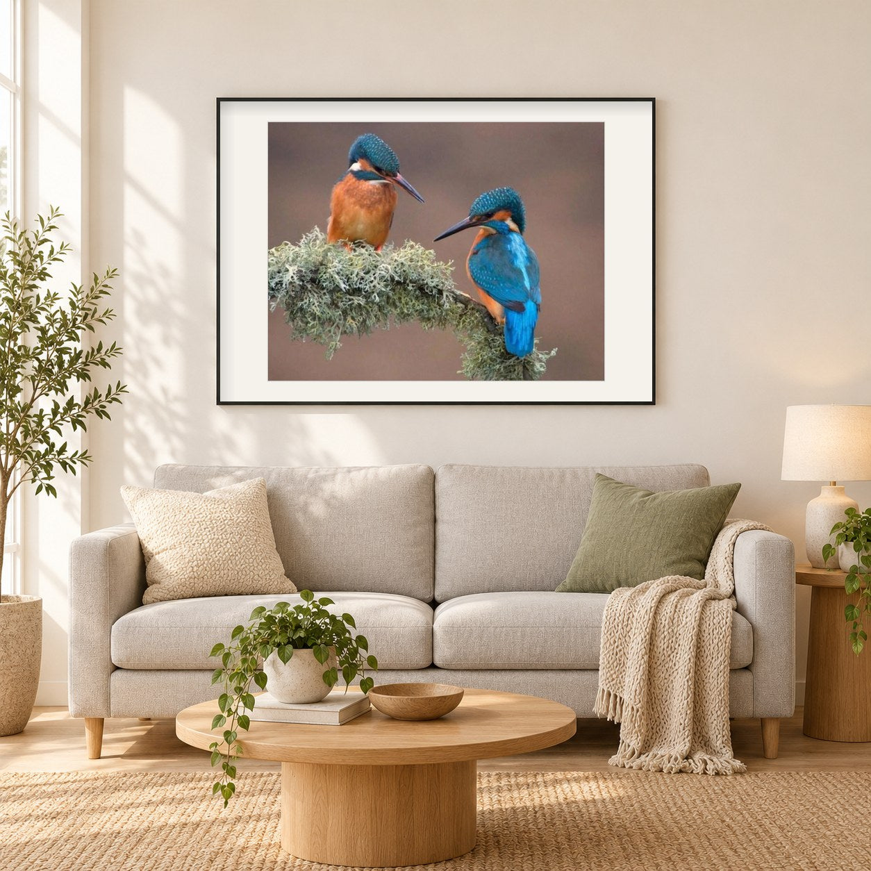 Süßes Eisvogelpaar als gerahmtes Diamond Painting im Wohnzimmer