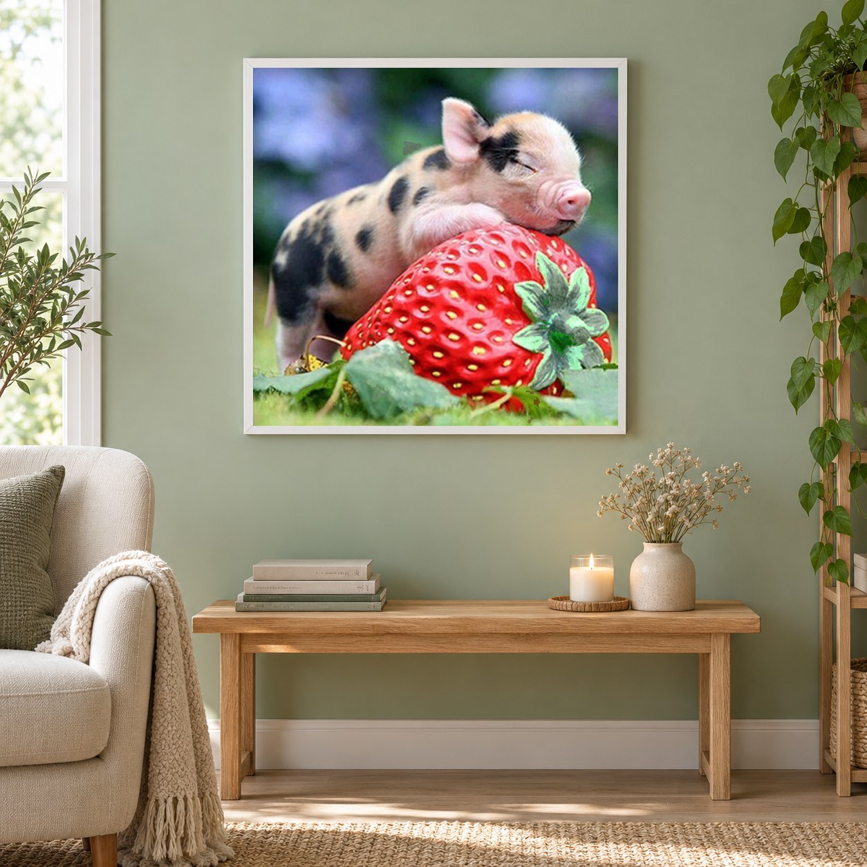 Süßes Schwein auf Erdbeere als gerahmtes Diamond Painting im Wohnzimmer