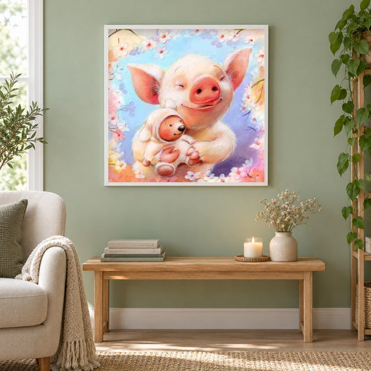 Süßes schwein & baby als gerahmtes Diamond Painting im Wohnzimmer