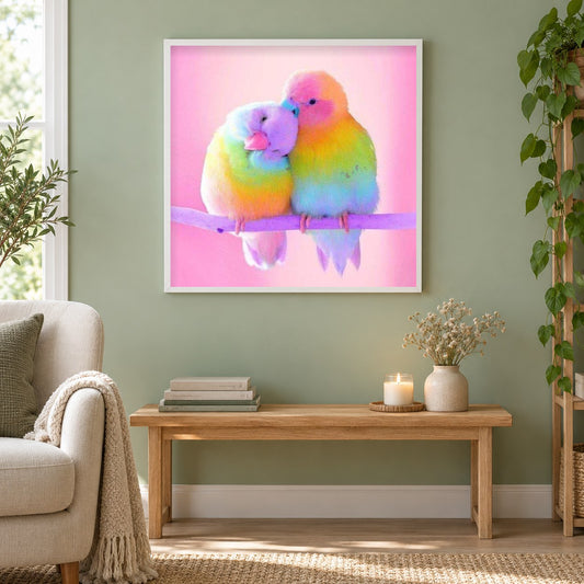 Sweet Birds als gerahmtes Diamond Painting im Wohnzimmer