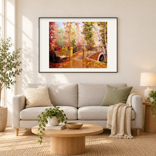 Szenische Brücke als gerahmtes Diamond Painting im Wohnzimmer