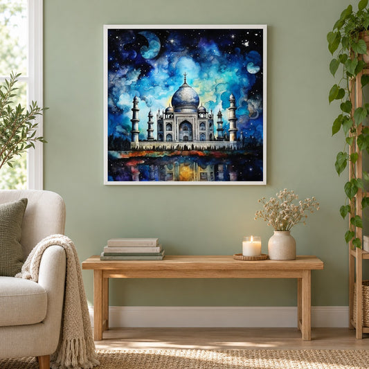 Taj Mahal als gerahmtes Diamond Painting im Wohnzimmer