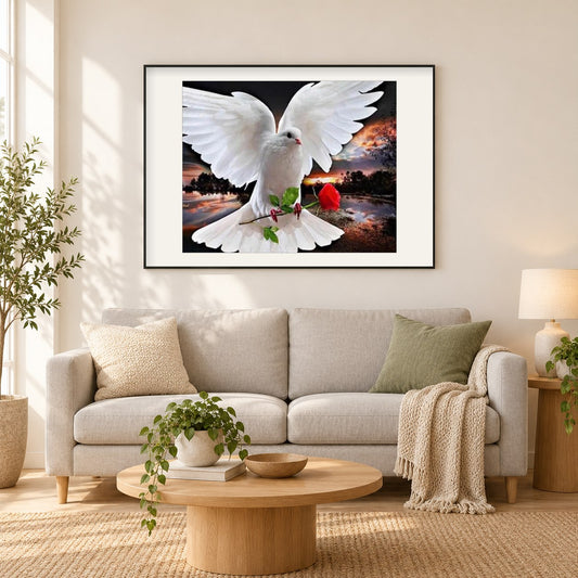 Taube mit roter Rose als gerahmtes Diamond Painting im Wohnzimmer