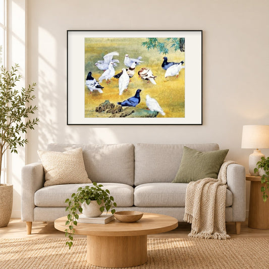 Tauben als gerahmtes Diamond Painting im Wohnzimmer