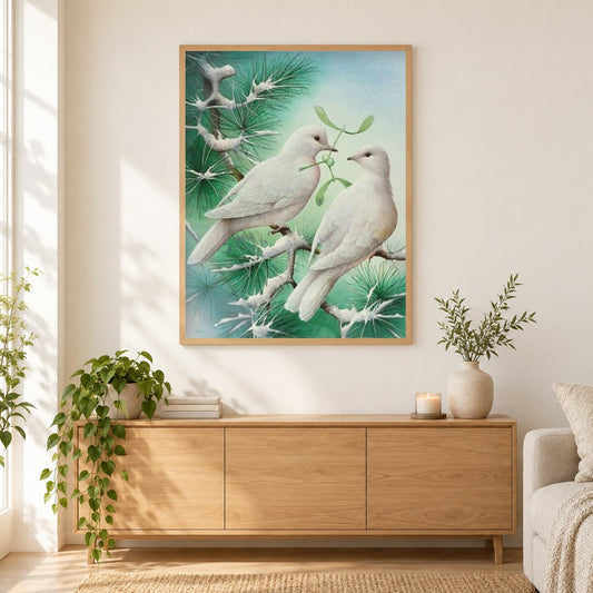 Taubenpaar als gerahmtes Diamond Painting im Wohnzimmer