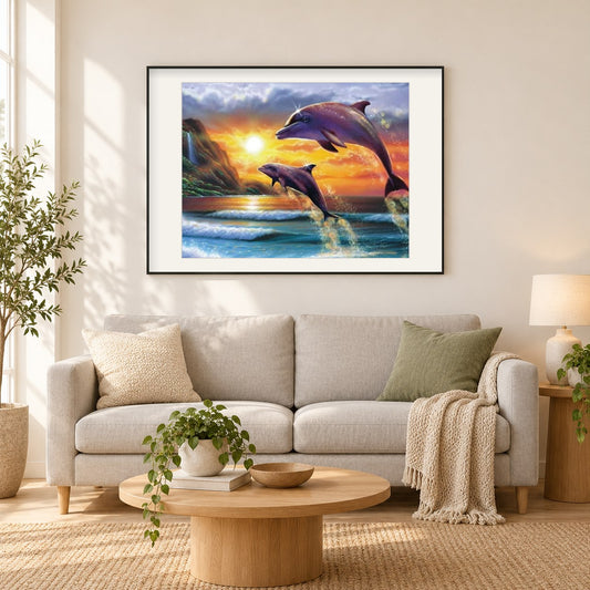 Tauchende Delfine als gerahmtes Diamond Painting im Wohnzimmer