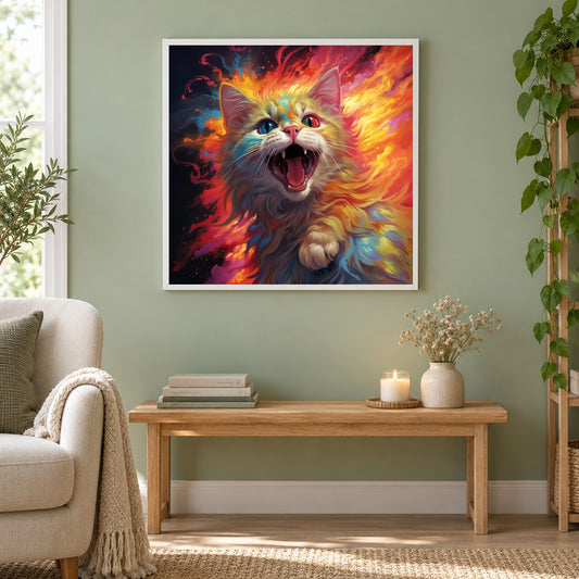 Die energetische Majestät der Katze als gerahmtes Diamond Painting im Wohnzimmer