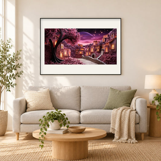 Die Pracht der Kirschblüten als gerahmtes Diamond Painting im Wohnzimmer