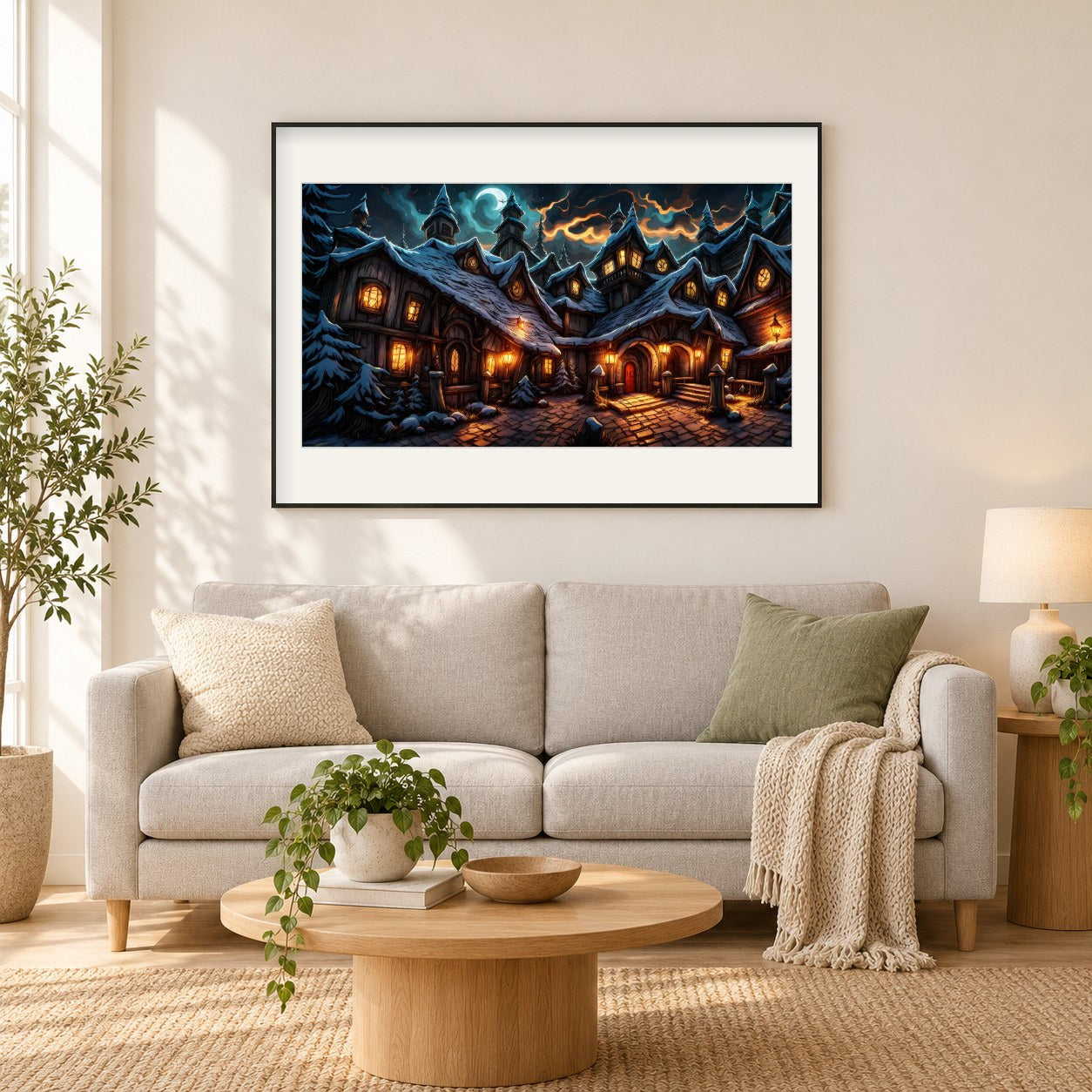 Die eindringliche Aura der mysteriösen Gebäude als gerahmtes Diamond Painting im Wohnzimmer