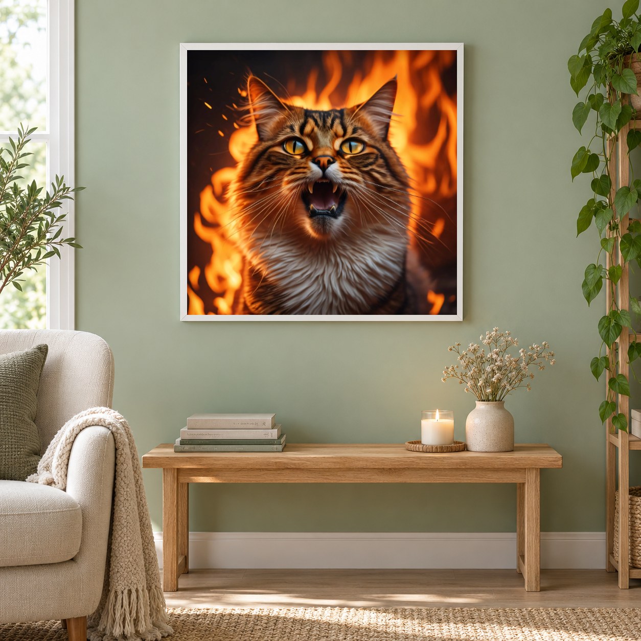 Brüllende Katze als gerahmtes Diamond Painting im Wohnzimmer