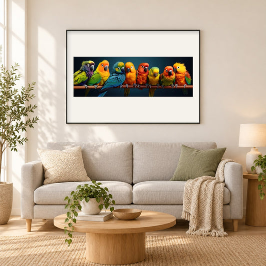 Die Pracht bunter Papageien als gerahmtes Diamond Painting im Wohnzimmer