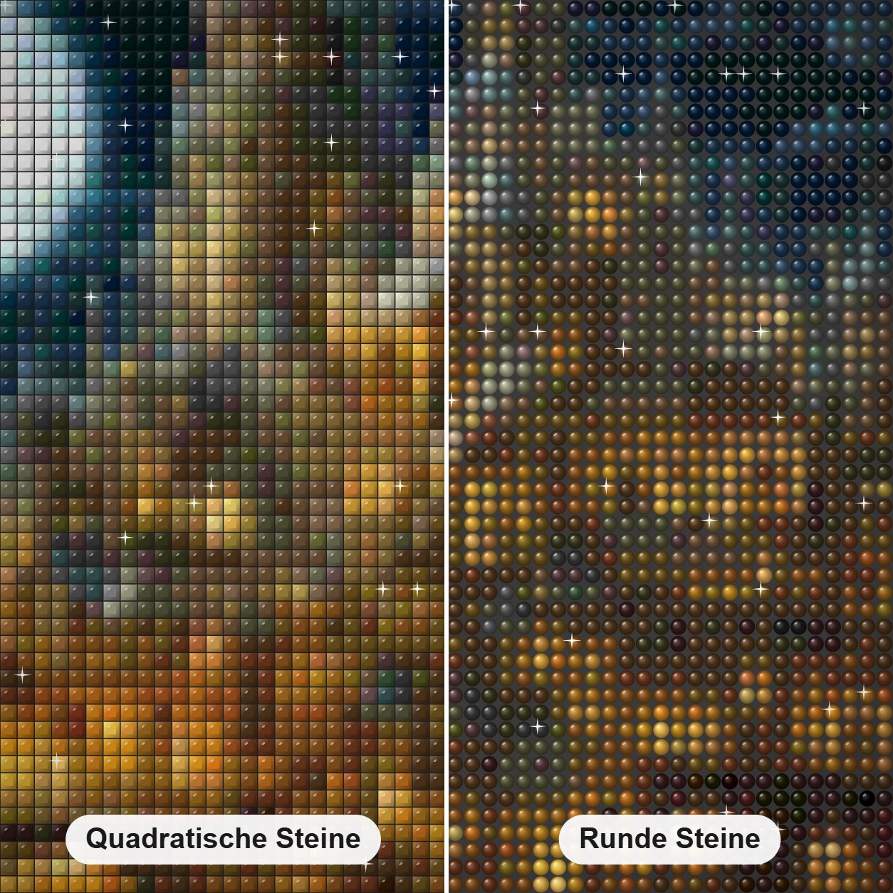 Die Wunder einer unglaublichen Nacht Diamond Painting Nahaufnahme mit quadratischen und runden Steinen