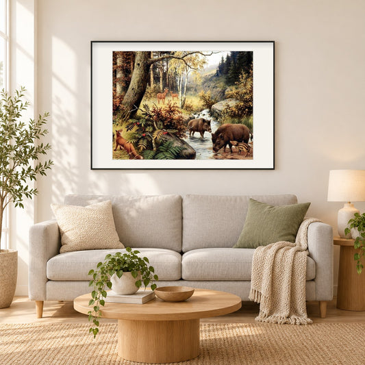Tiere im Wald als gerahmtes Diamond Painting im Wohnzimmer