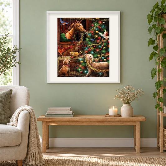 Tiere, Vögel & Weihnachtsbaum als gerahmtes Diamond Painting im Wohnzimmer