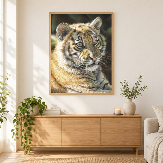 Tigerjunges -  Kunst des Eric Wilson als gerahmtes Diamond Painting im Wohnzimmer