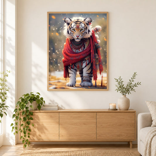 Tiger geht auf eine Reise als gerahmtes Diamond Painting im Wohnzimmer