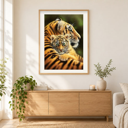Tiger & Junges Umarmen als gerahmtes Diamond Painting im Wohnzimmer
