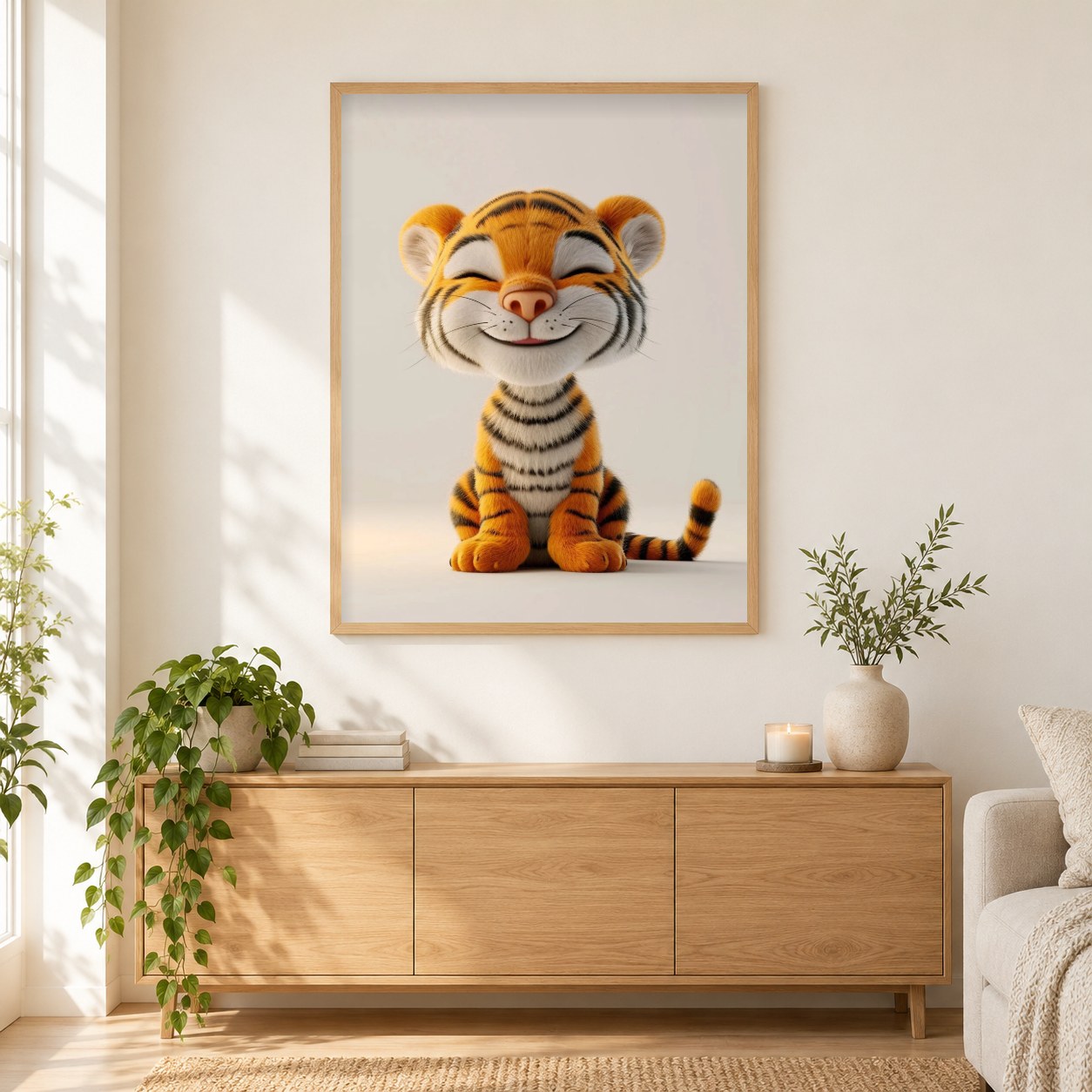 Der fröhliche Charme des Tigerkinds als gerahmtes Diamond Painting im Wohnzimmer