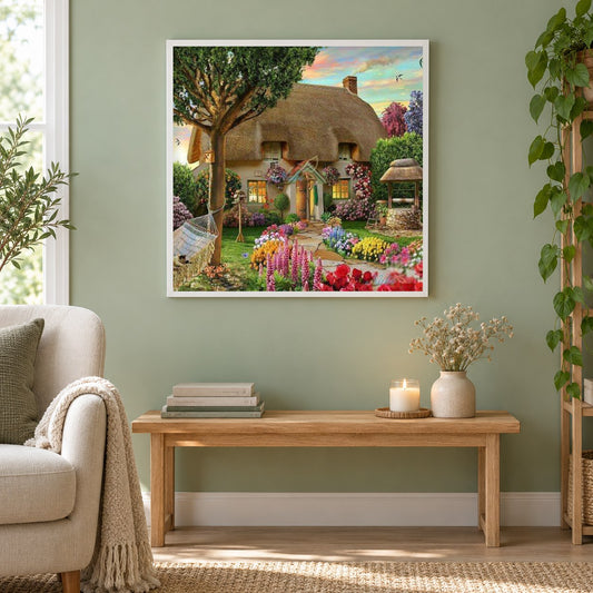 Traumhaus als gerahmtes Diamond Painting im Wohnzimmer