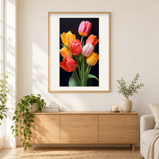 Tulpen Eleganz der Natur als gerahmtes Diamond Painting im Wohnzimmer