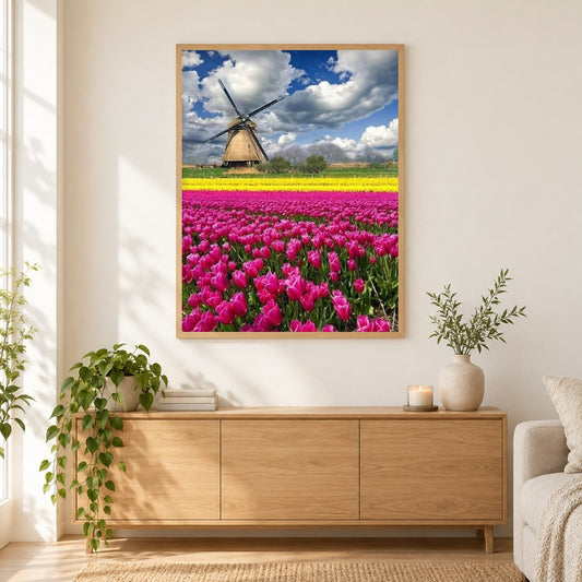 Tulpengarten & Windmühle als gerahmtes Diamond Painting im Wohnzimmer