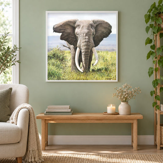 Tusker - Kunst des Eric Wilson als gerahmtes Diamond Painting im Wohnzimmer