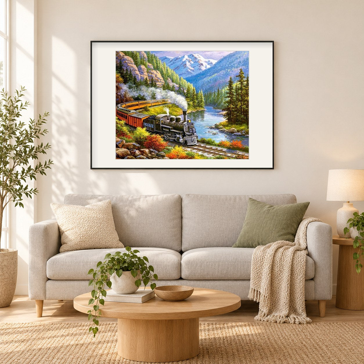 Fahrender Zug als gerahmtes Diamond Painting im Wohnzimmer