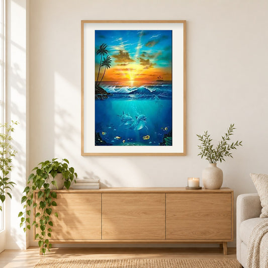 Unter Wasser Delfine DIY Painting Kit als gerahmtes Diamond Painting im Wohnzimmer