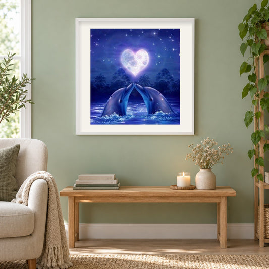 Verliebte Delfine als gerahmtes Diamond Painting im Wohnzimmer