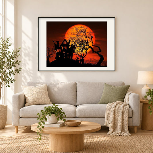 Verzaubertes Halloween-Haus als gerahmtes Diamond Painting im Wohnzimmer
