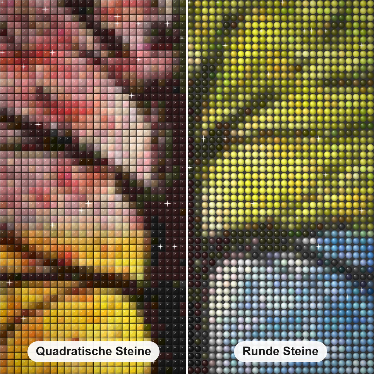 Vier Jahreszeiten Diamond Painting Nahaufnahme mit quadratischen und runden Steinen
