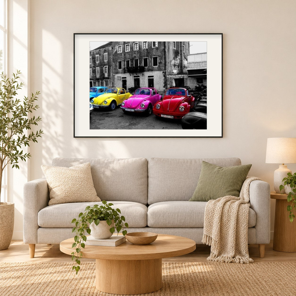 Diamantmalerei Oldtimer und Altstadt als gerahmtes Diamond Painting im Wohnzimmer