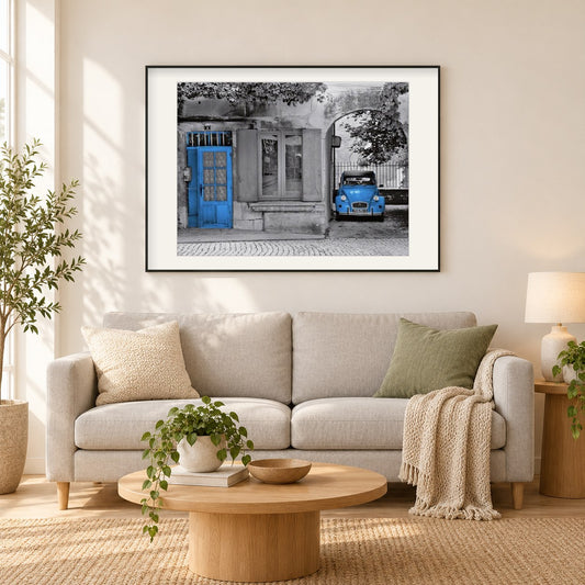 Oldtimer Citroen 2CV Auto als gerahmtes Diamond Painting im Wohnzimmer