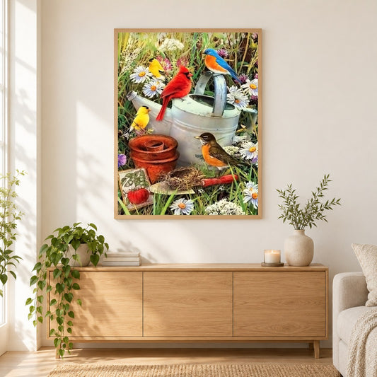 Vögel & Blumen als gerahmtes Diamond Painting im Wohnzimmer