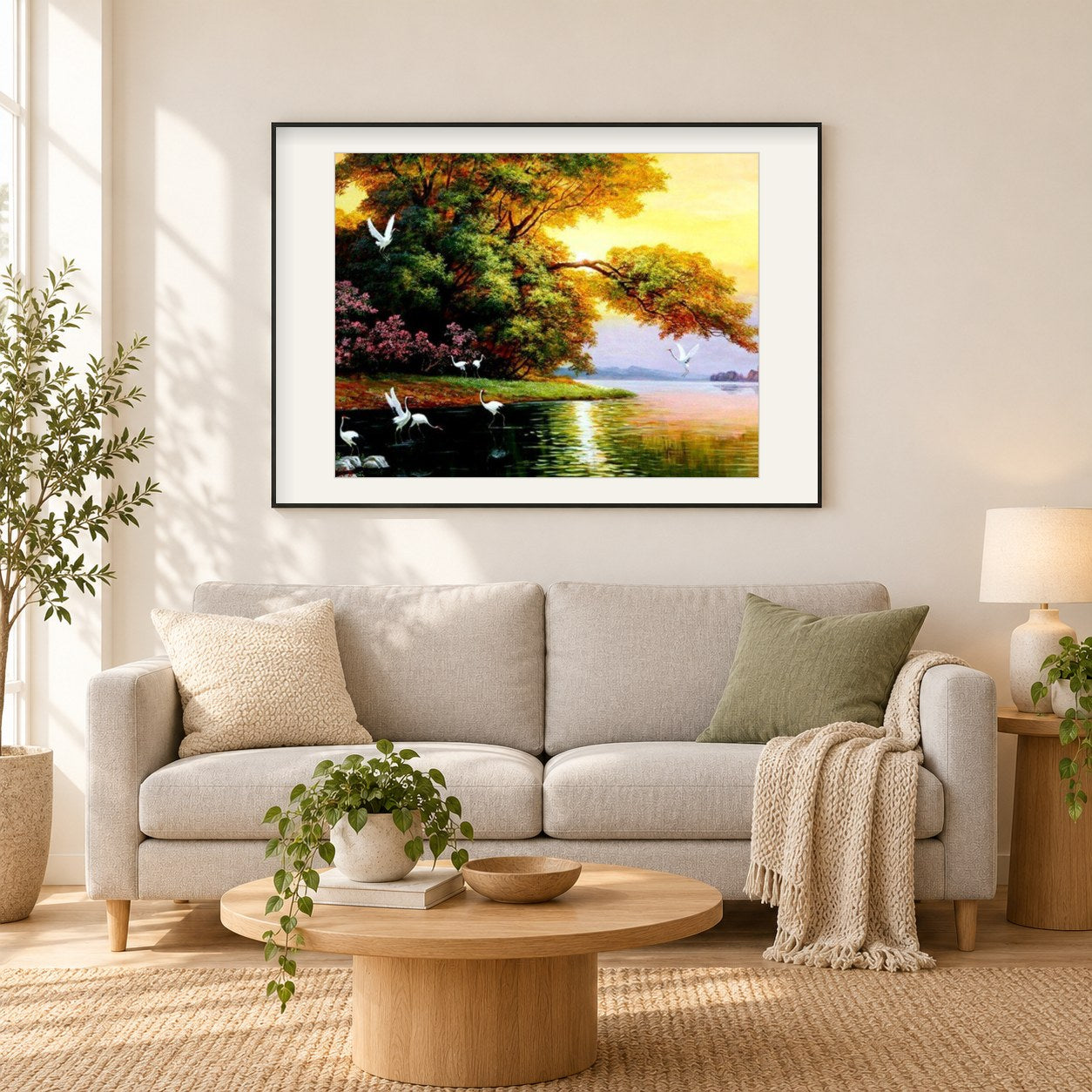 Vögel fliegen auf dem See als gerahmtes Diamond Painting im Wohnzimmer