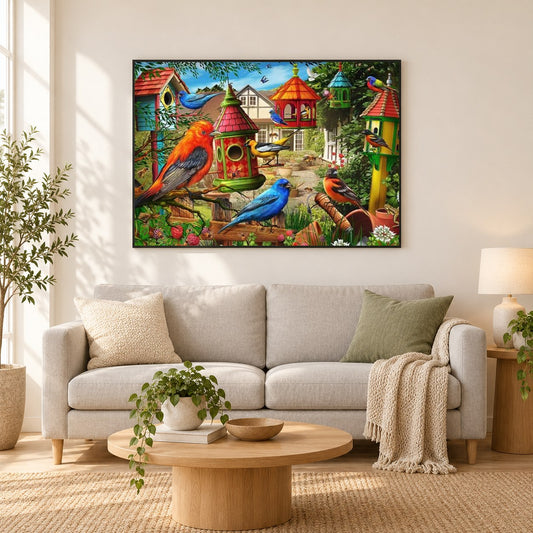 Vogelkolonie als gerahmtes Diamond Painting im Wohnzimmer