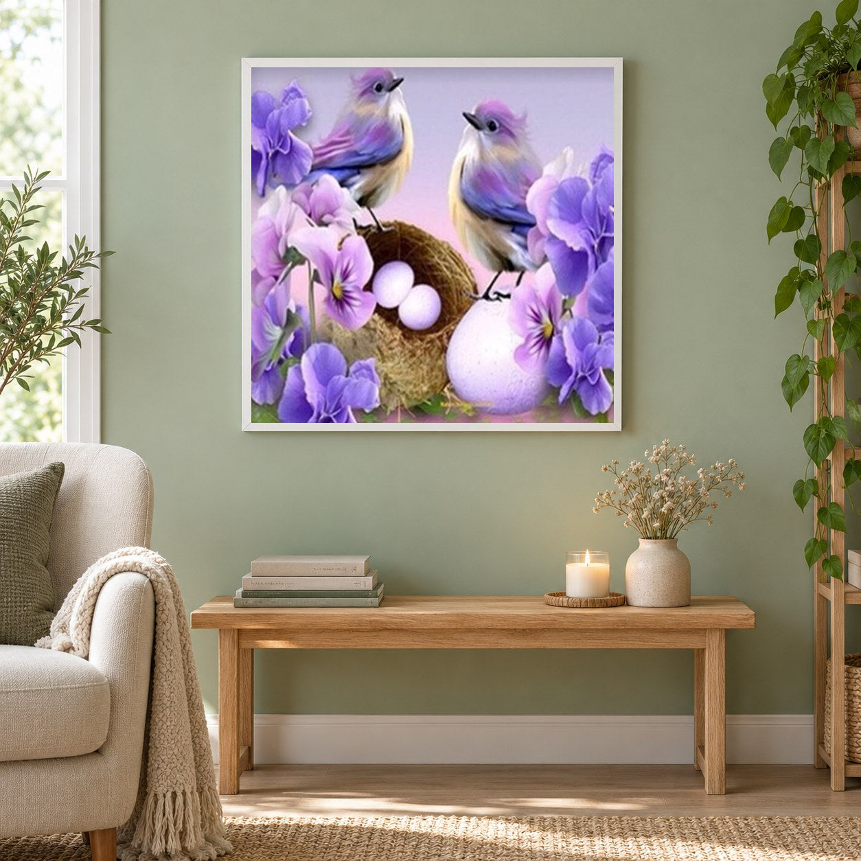 Vogelnest & Blumen als gerahmtes Diamond Painting im Wohnzimmer