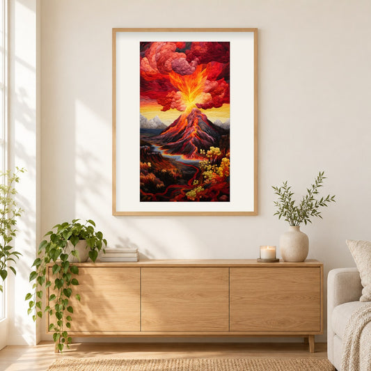 Explodierender Vulkan - Gemälde von Diamonds als gerahmtes Diamond Painting im Wohnzimmer