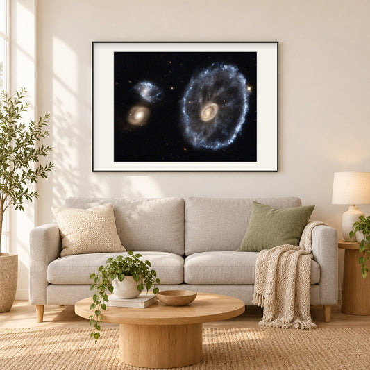 Wagenradgalaxie als gerahmtes Diamond Painting im Wohnzimmer