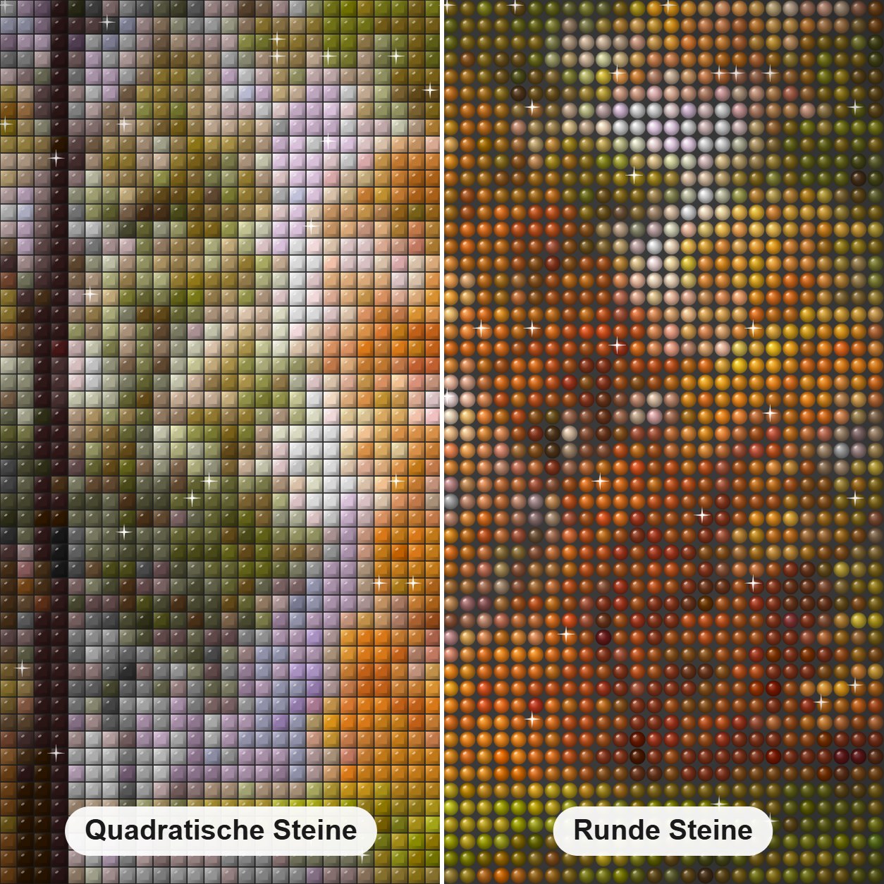 Wald am See Diamond Painting Nahaufnahme mit quadratischen und runden Steinen